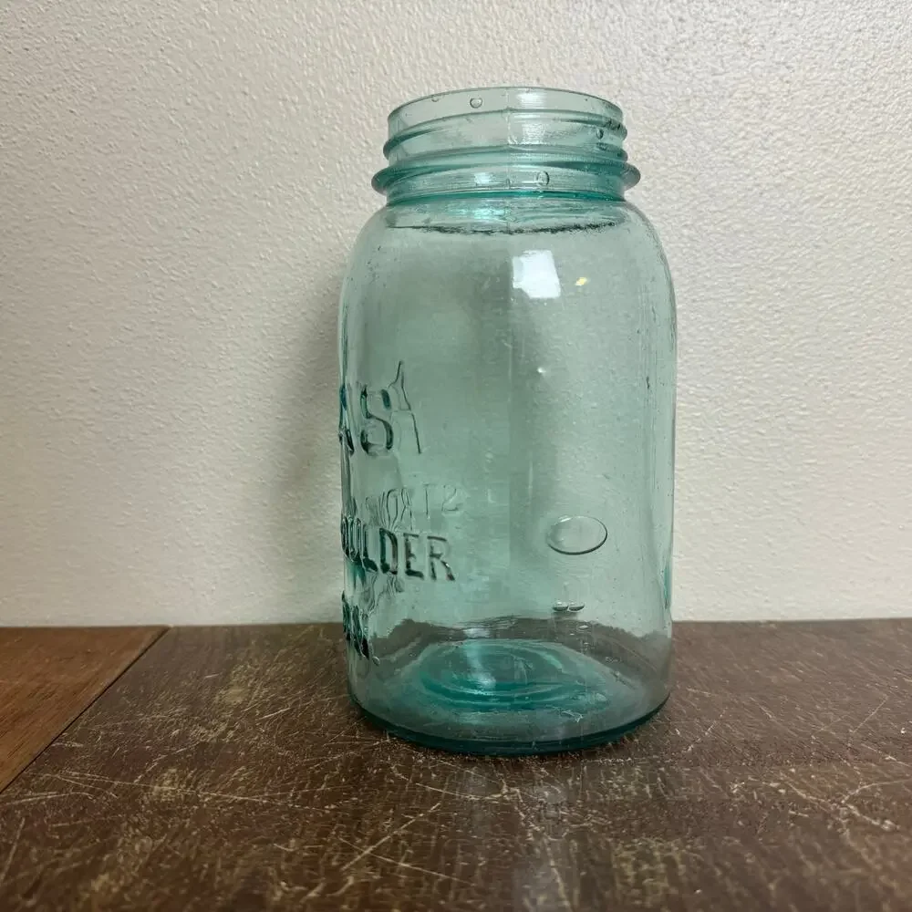 Vintage Atlas Strong Shoulder Mason Jar Aqua Blue Glass‎ 1 Quart Hazel-Atlas